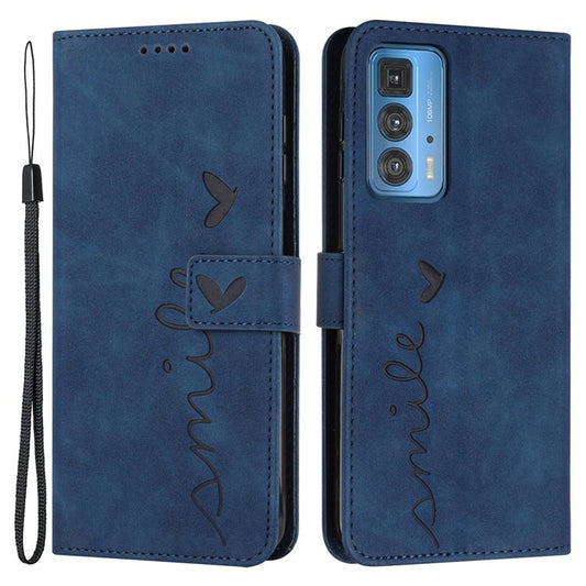 Skin-touch PU Leather Cover for Motorola Edge 20 Pro, Stand Wallet Heart Shape Imprinted Magnetic Clasp Phone Case - Sapphire