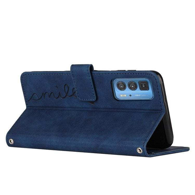 Skin-touch PU Leather Cover for Motorola Edge 20 Pro, Stand Wallet Heart Shape Imprinted Magnetic Clasp Phone Case - Sapphire