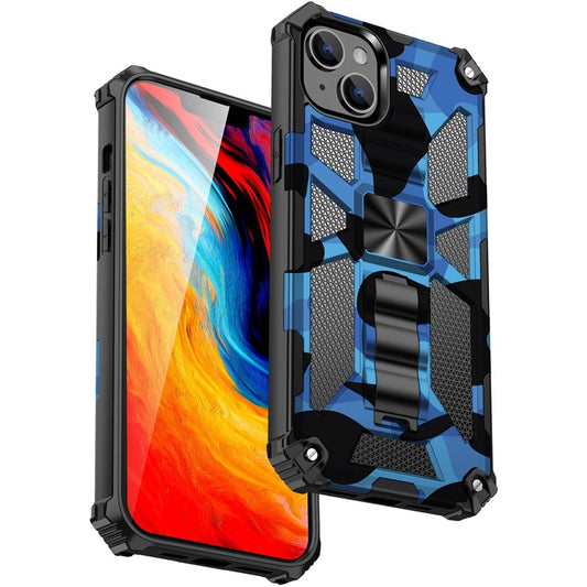 For iPhone 14 6.1 inch Military Grade Camouflage Kickstand Phone Case PC + TPU Well Protection Anti-fall Cellphone Cover - Navy Blue
