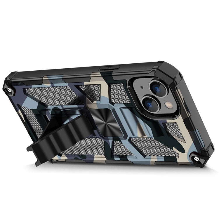 For iPhone 14 6.1 inch Military Grade Camouflage Kickstand Phone Case PC + TPU Well Protection Anti-fall Cellphone Cover - Navy Blue