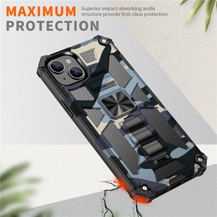 For iPhone 14 6.1 inch Military Grade Camouflage Kickstand Phone Case PC + TPU Well Protection Anti-fall Cellphone Cover - Navy Blue