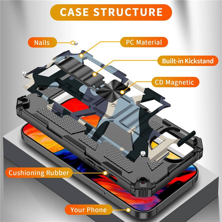 For iPhone 14 6.1 inch Military Grade Camouflage Kickstand Phone Case PC + TPU Well Protection Anti-fall Cellphone Cover - Navy Blue