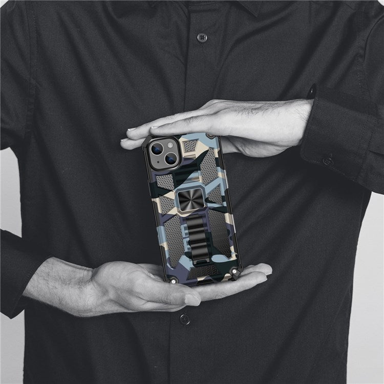 For iPhone 14 6.1 inch Military Grade Camouflage Kickstand Phone Case PC + TPU Well Protection Anti-fall Cellphone Cover - Navy Blue