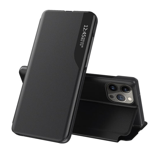 For iPhone 14 Plus 6.7 inch Clear View Window Anti-shock Leather Phone Case Stand Anti-wear Protector - Black