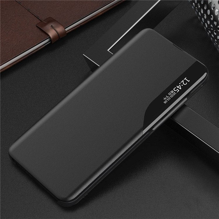 For iPhone 14 Plus 6.7 inch Clear View Window Anti-shock Leather Phone Case Stand Anti-wear Protector - Black