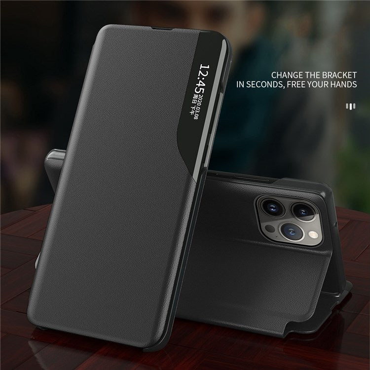 For iPhone 14 Plus 6.7 inch Clear View Window Anti-shock Leather Phone Case Stand Anti-wear Protector - Black