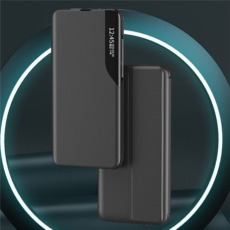 For iPhone 14 Plus 6.7 inch Clear View Window Anti-shock Leather Phone Case Stand Anti-wear Protector - Black