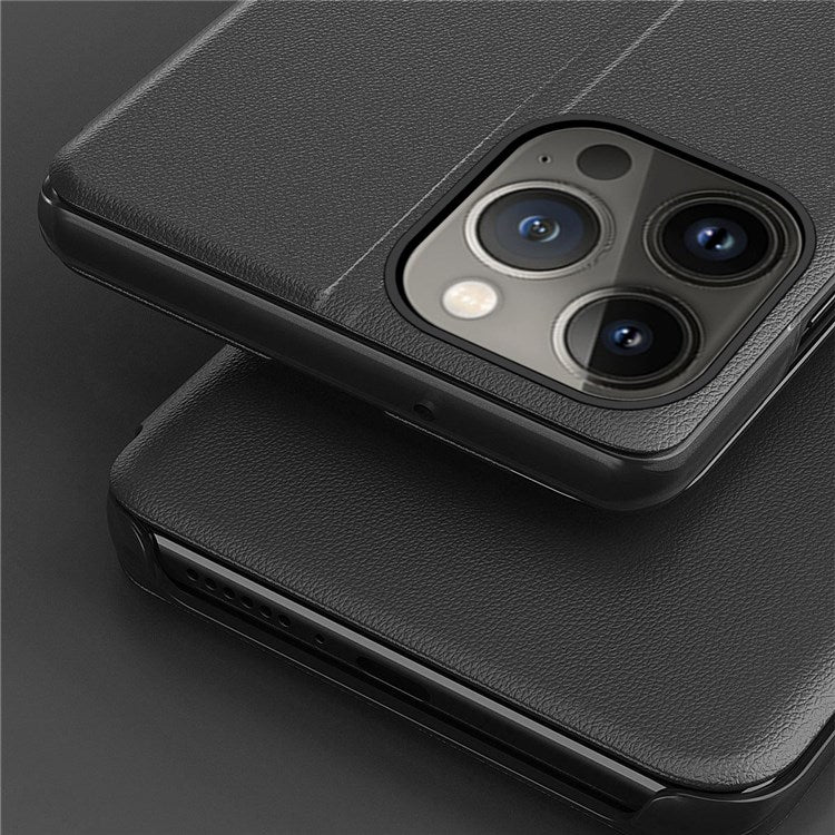 For iPhone 14 Plus 6.7 inch Clear View Window Anti-shock Leather Phone Case Stand Anti-wear Protector - Black