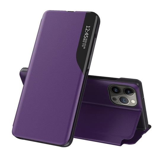 For iPhone 14 Plus 6.7 inch Clear View Window Anti-shock Leather Phone Case Stand Anti-wear Protector - Purple