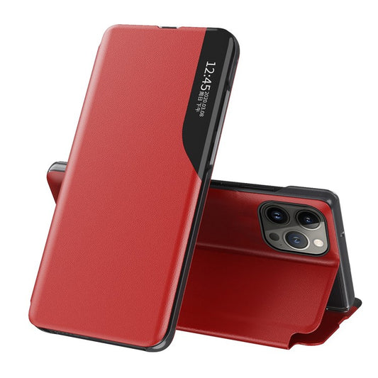 For iPhone 14 Plus 6.7 inch Clear View Window Anti-shock Leather Phone Case Stand Anti-wear Protector - Red