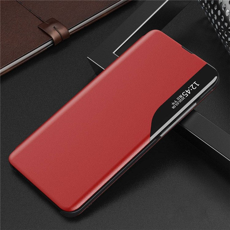 For iPhone 14 Plus 6.7 inch Clear View Window Anti-shock Leather Phone Case Stand Anti-wear Protector - Red