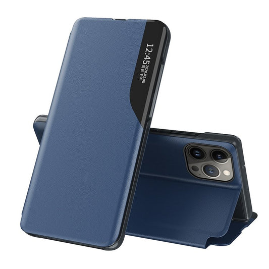For iPhone 14 Plus 6.7 inch Clear View Window Anti-shock Leather Phone Case Stand Anti-wear Protector - Sapphire