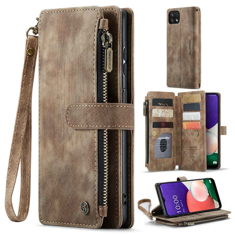 CASEME C30 Series for Samsung Galaxy A22 5G (EU Version) Zipper Pocket Wallet Case Auto Closing Magnetic Anti-scratch PU Leather Phone Cover Card Holder - Brown
