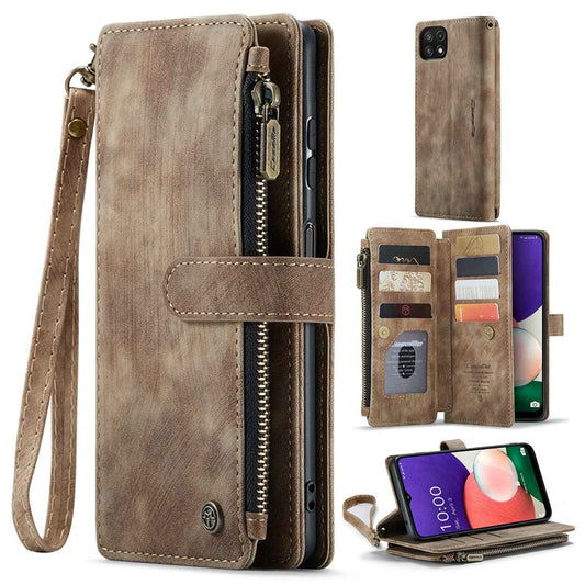 CASEME C30 Series for Samsung Galaxy A22 5G (EU Version) Zipper Pocket Wallet Case Auto Closing Magnetic Anti-scratch PU Leather Phone Cover Card Holder - Brown