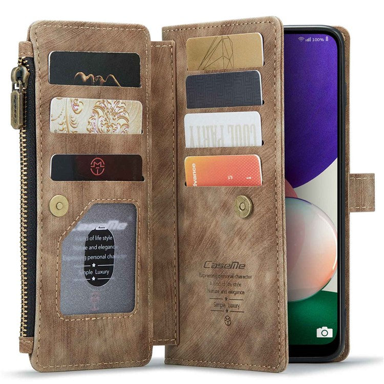 CASEME C30 Series for Samsung Galaxy A22 5G (EU Version) Zipper Pocket Wallet Case Auto Closing Magnetic Anti-scratch PU Leather Phone Cover Card Holder - Brown