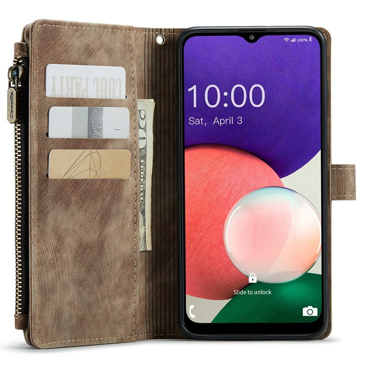 CASEME C30 Series for Samsung Galaxy A22 5G (EU Version) Zipper Pocket Wallet Case Auto Closing Magnetic Anti-scratch PU Leather Phone Cover Card Holder - Brown