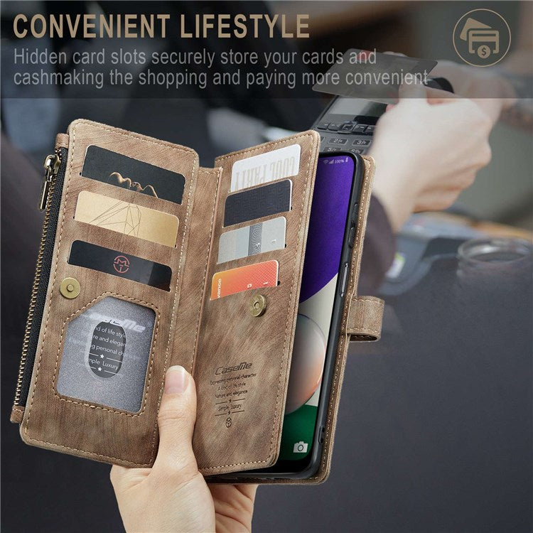 CASEME C30 Series for Samsung Galaxy A22 5G (EU Version) Zipper Pocket Wallet Case Auto Closing Magnetic Anti-scratch PU Leather Phone Cover Card Holder - Brown