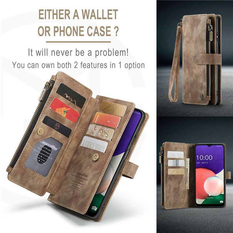 CASEME C30 Series for Samsung Galaxy A22 5G (EU Version) Zipper Pocket Wallet Case Auto Closing Magnetic Anti-scratch PU Leather Phone Cover Card Holder - Brown
