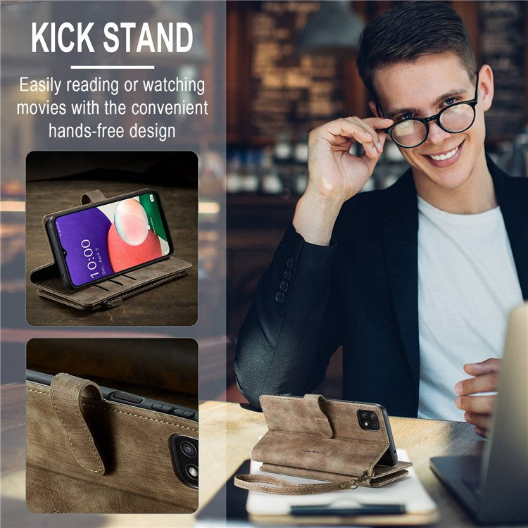 CASEME C30 Series for Samsung Galaxy A22 5G (EU Version) Zipper Pocket Wallet Case Auto Closing Magnetic Anti-scratch PU Leather Phone Cover Card Holder - Brown