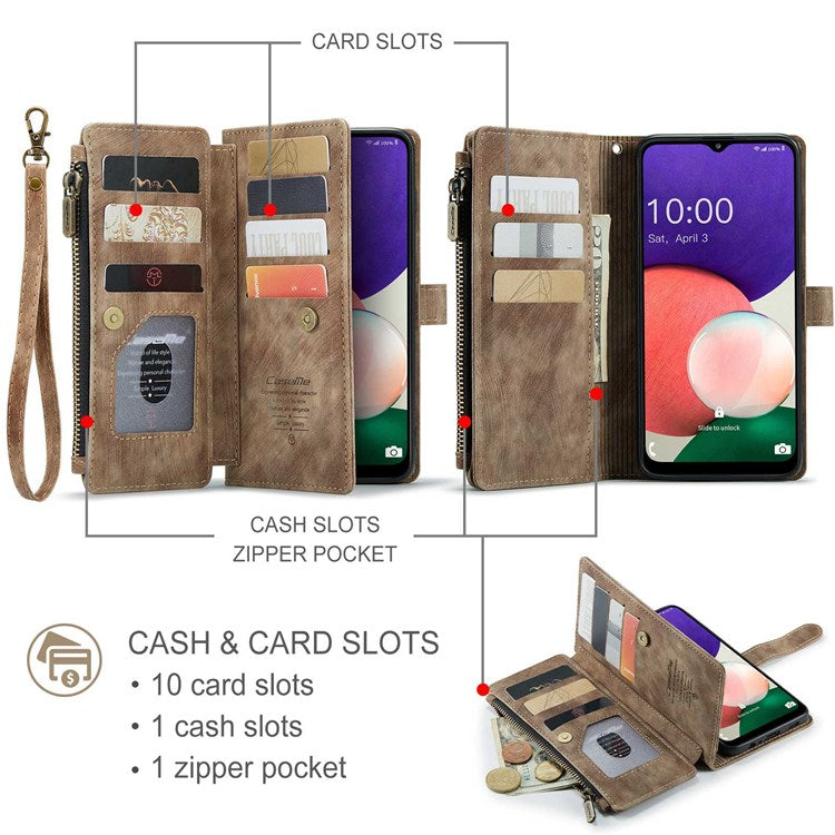 CASEME C30 Series for Samsung Galaxy A22 5G (EU Version) Zipper Pocket Wallet Case Auto Closing Magnetic Anti-scratch PU Leather Phone Cover Card Holder - Brown