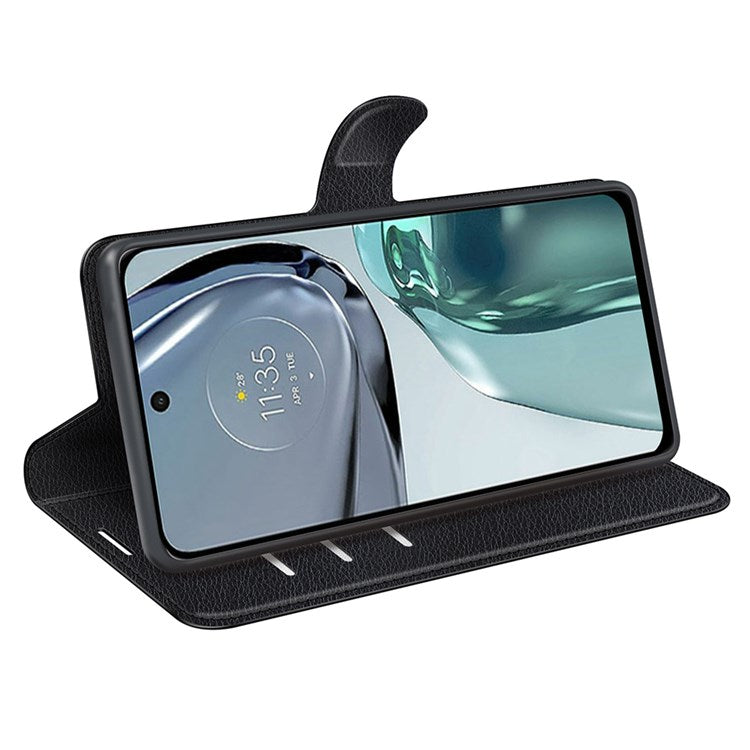Wallet Cell Phone Case for Motorola Moto G62 5G, Scratch-resistant PU Leather Litchi Texture Stand Case Protective Cover - Black