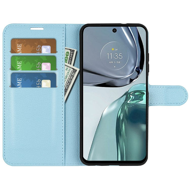 Wallet Cell Phone Case for Motorola Moto G62 5G, Scratch-resistant PU Leather Litchi Texture Stand Case Protective Cover - Blue