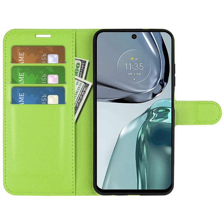 Wallet Cell Phone Case for Motorola Moto G62 5G, Scratch-resistant PU Leather Litchi Texture Stand Case Protective Cover - Green