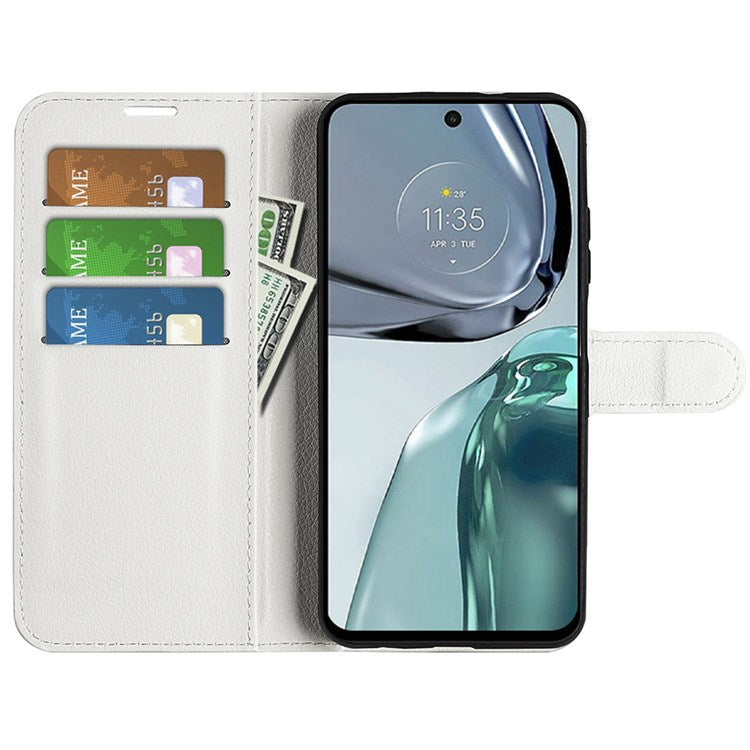 Wallet Cell Phone Case for Motorola Moto G62 5G, Scratch-resistant PU Leather Litchi Texture Stand Case Protective Cover - White