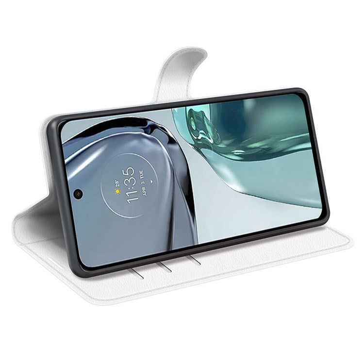 Wallet Cell Phone Case for Motorola Moto G62 5G, Scratch-resistant PU Leather Litchi Texture Stand Case Protective Cover - White