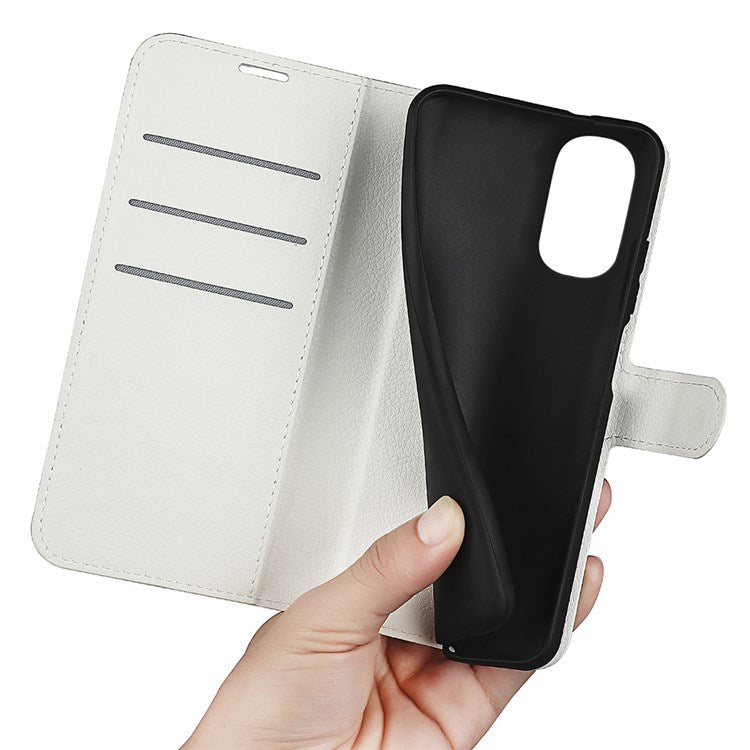 Wallet Cell Phone Case for Motorola Moto G62 5G, Scratch-resistant PU Leather Litchi Texture Stand Case Protective Cover - White