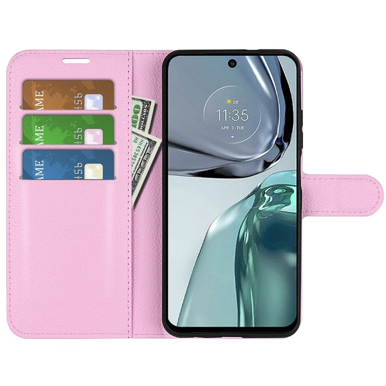 Wallet Cell Phone Case for Motorola Moto G62 5G, Scratch-resistant PU Leather Litchi Texture Stand Case Protective Cover - Pink