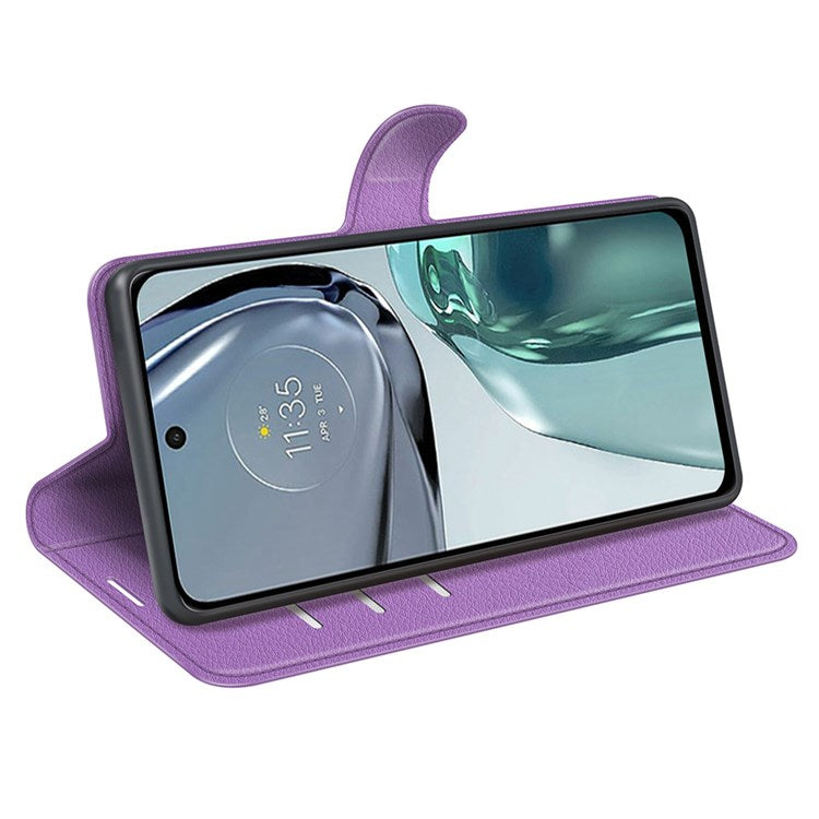 Wallet Cell Phone Case for Motorola Moto G62 5G, Scratch-resistant PU Leather Litchi Texture Stand Case Protective Cover - Purple