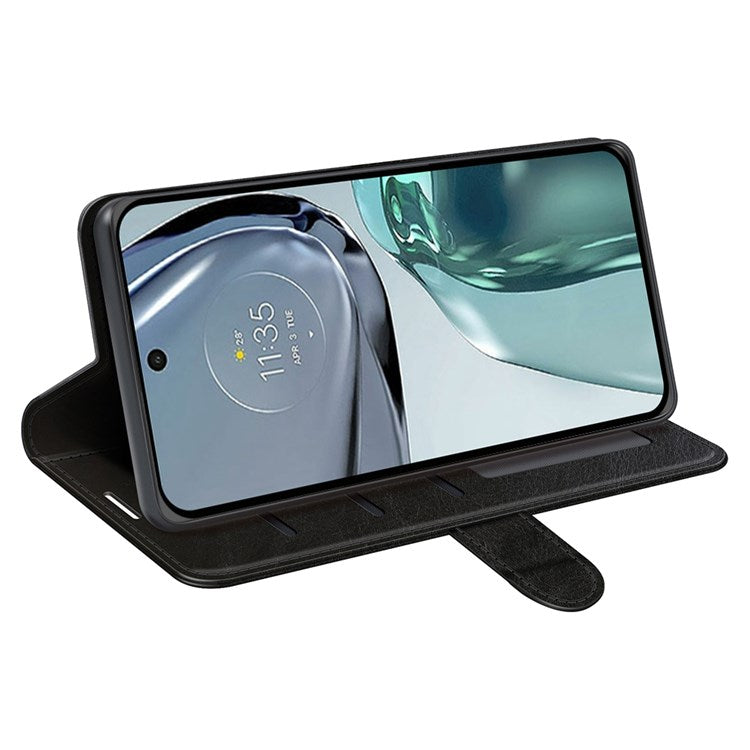 Crazy Horse Texture Phone Cover for Motorola Moto G62 5G, Wallet Stand Feature PU Leather Wear-resistant Cover - Black