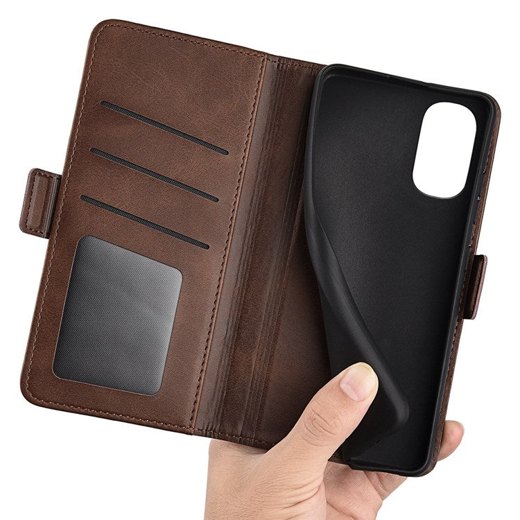 Stand Wallet Phone Case for Motorola Moto G62 5G, Anti-scratch Anti-drop Double Magnetic Clasp Textured PU Leather Cover - Brown