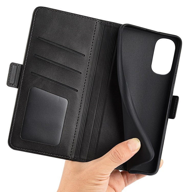 Stand Wallet Phone Case for Motorola Moto G62 5G, Anti-scratch Anti-drop Double Magnetic Clasp Textured PU Leather Cover - Black