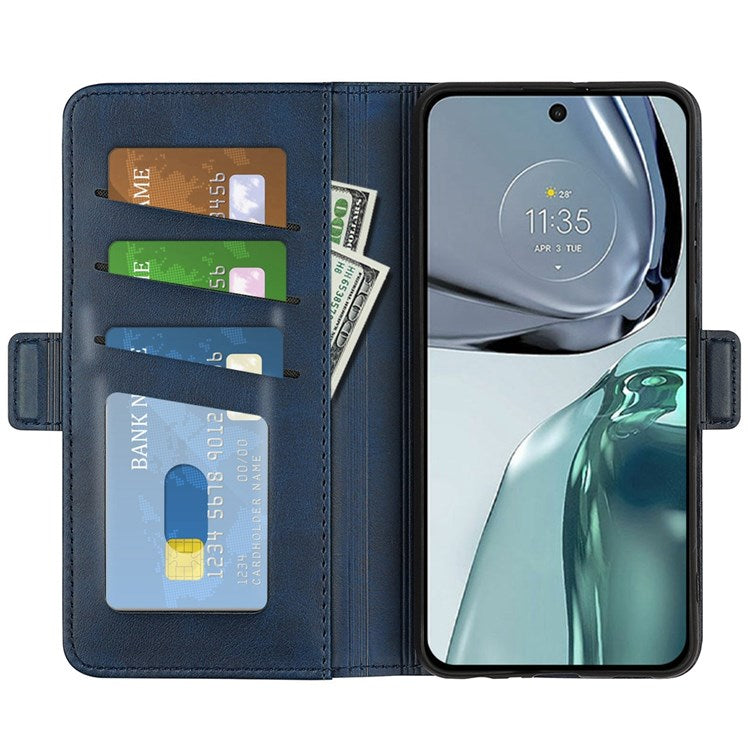 Stand Wallet Phone Case for Motorola Moto G62 5G, Anti-scratch Anti-drop Double Magnetic Clasp Textured PU Leather Cover - Blue