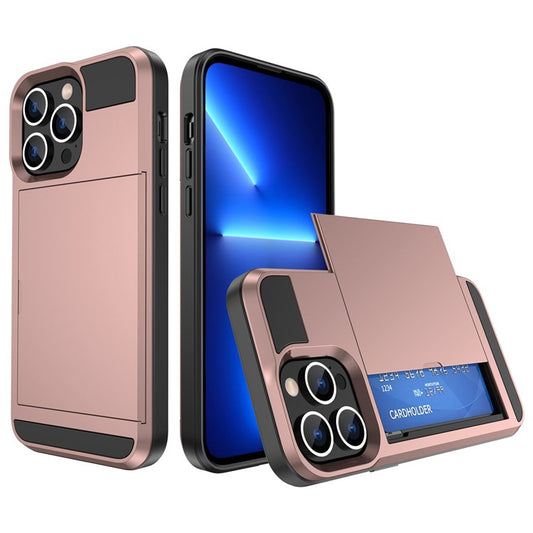 For iPhone 14 6.1 inch Drop-proof Phone Case PC + TPU Hybrid Shell with Sliding Cover Design Card Slot - Rose Gold