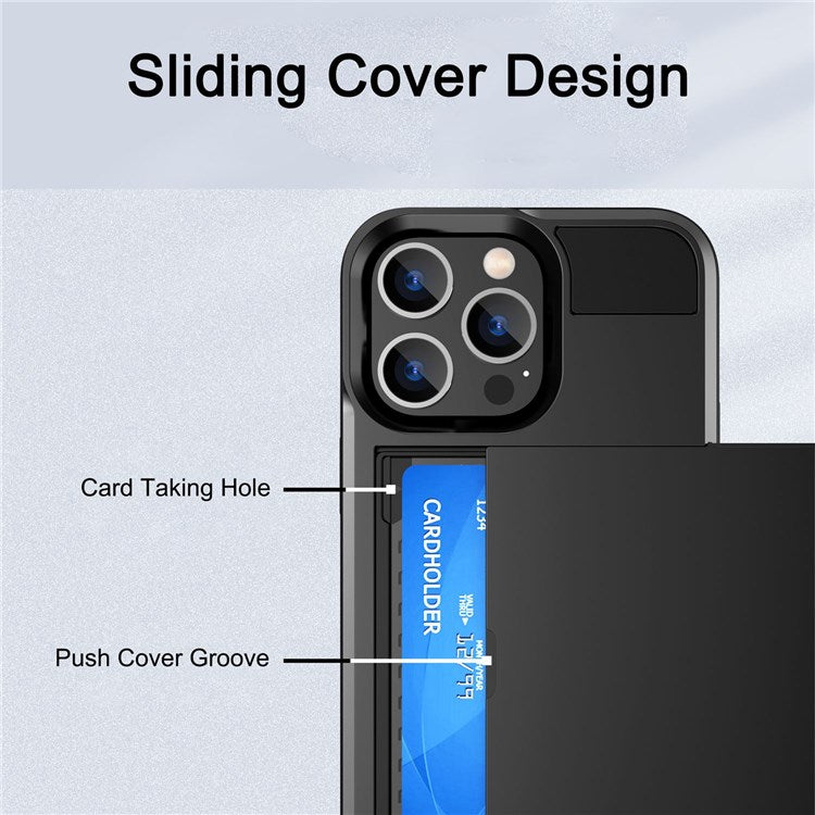 For iPhone 14 6.1 inch Drop-proof Phone Case PC + TPU Hybrid Shell with Sliding Cover Design Card Slot - Rose Gold