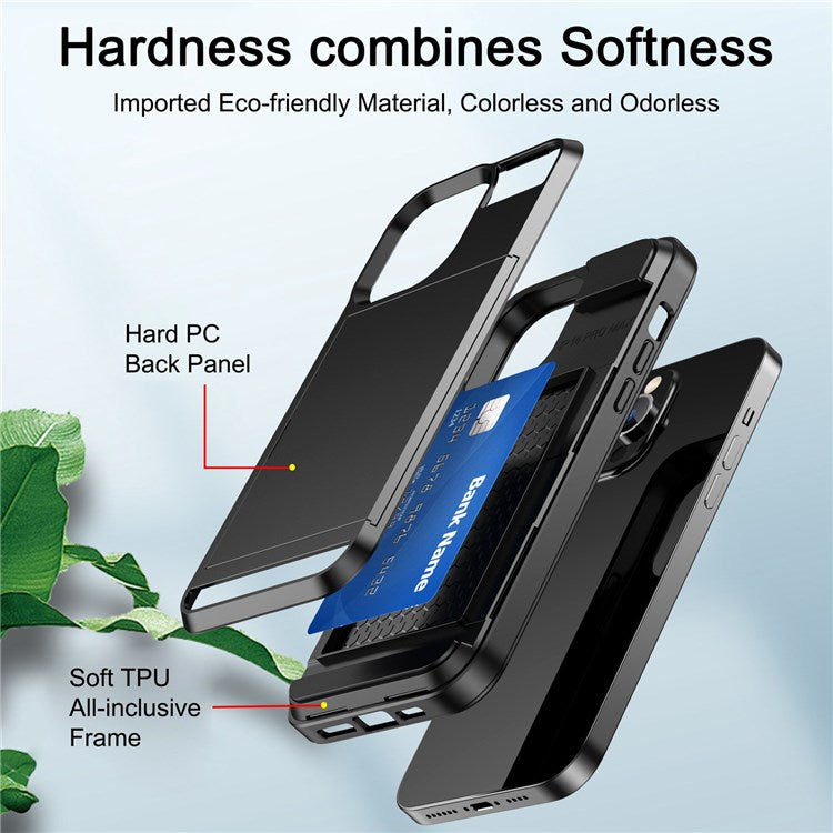 For iPhone 14 6.1 inch Drop-proof Phone Case PC + TPU Hybrid Shell with Sliding Cover Design Card Slot - Rose Gold