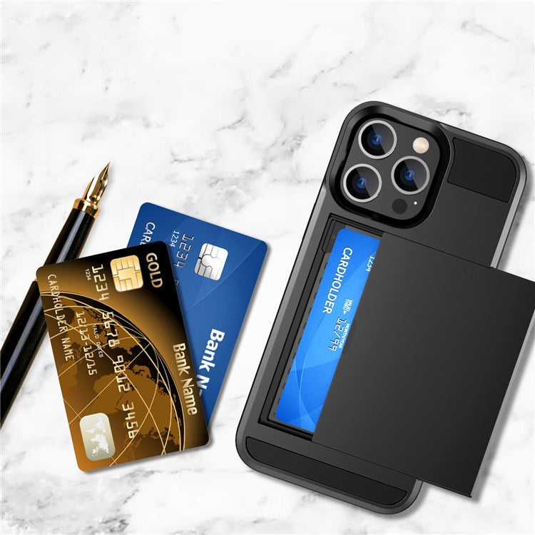 For iPhone 14 6.1 inch Drop-proof Phone Case PC + TPU Hybrid Shell with Sliding Cover Design Card Slot - Rose Gold