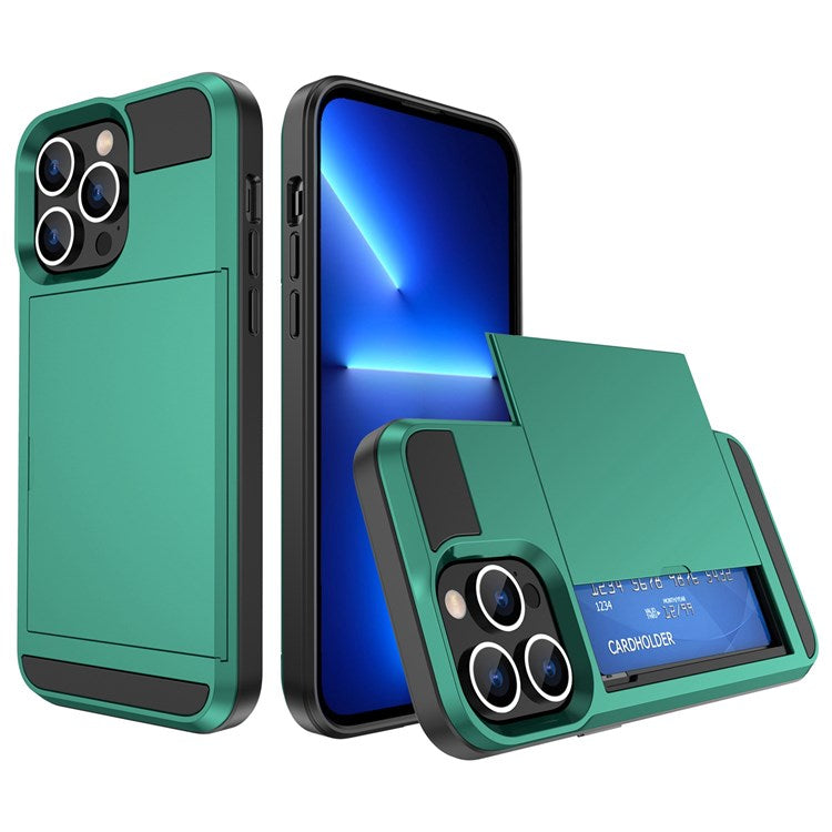 For iPhone 14 6.1 inch Drop-proof Phone Case PC + TPU Hybrid Shell with Sliding Cover Design Card Slot - Blue