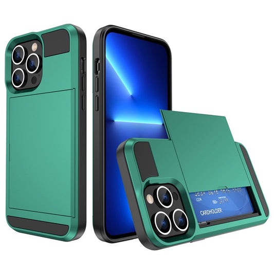 For iPhone 14 6.1 inch Drop-proof Phone Case PC + TPU Hybrid Shell with Sliding Cover Design Card Slot - Blue