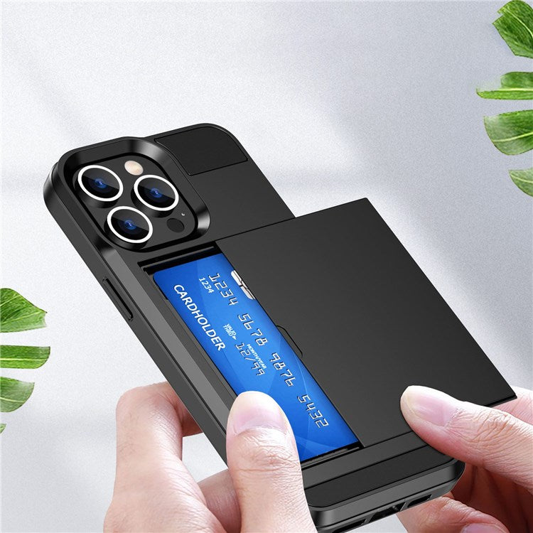 For iPhone 14 6.1 inch Drop-proof Phone Case PC + TPU Hybrid Shell with Sliding Cover Design Card Slot - Blue