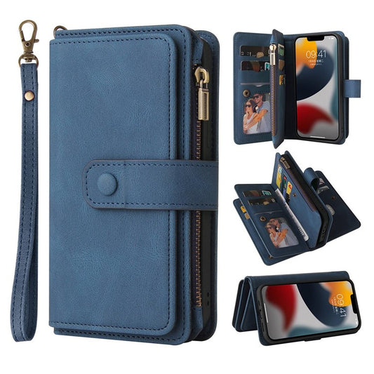 For iPhone 14 6.1 inch KT Multi-Functional Series-2 Multiple Card Slots Stand Phone Case Skin-touch PU Leather Cover with Zipper Pocket Wallet - Blue