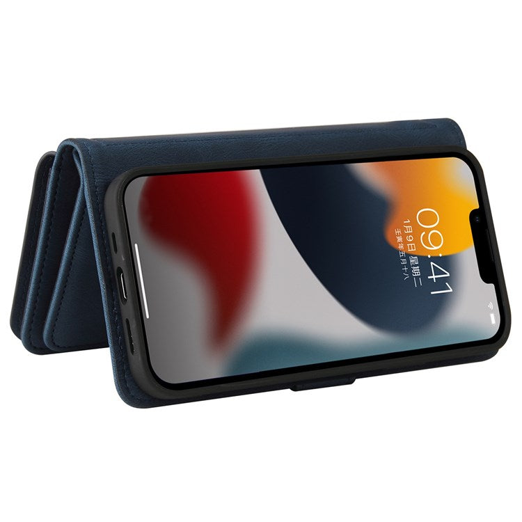 For iPhone 14 6.1 inch KT Multi-Functional Series-2 Multiple Card Slots Stand Phone Case Skin-touch PU Leather Cover with Zipper Pocket Wallet - Blue