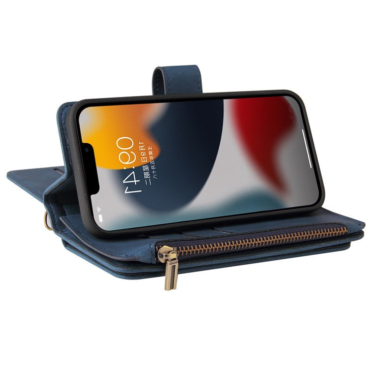 For iPhone 14 6.1 inch KT Multi-Functional Series-2 Multiple Card Slots Stand Phone Case Skin-touch PU Leather Cover with Zipper Pocket Wallet - Blue