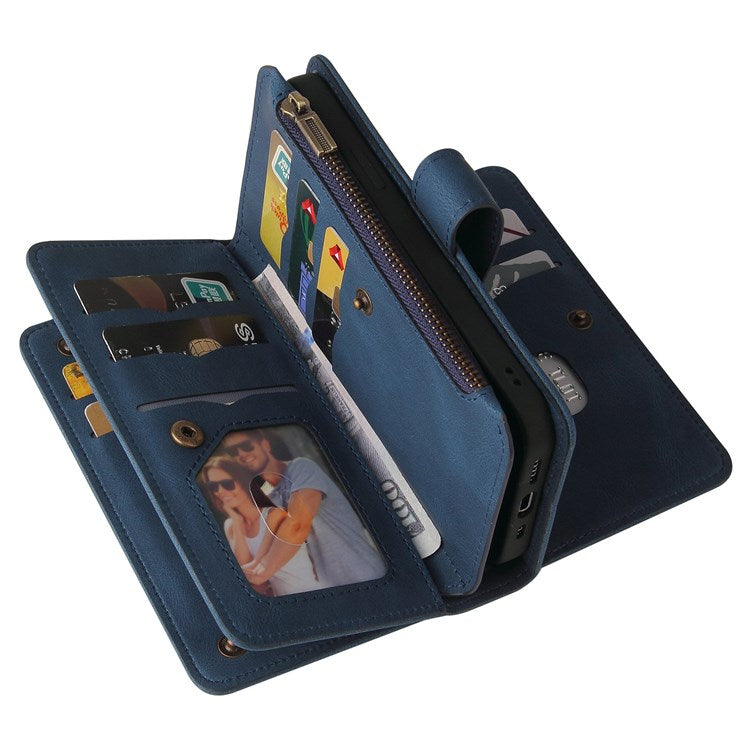 For iPhone 14 6.1 inch KT Multi-Functional Series-2 Multiple Card Slots Stand Phone Case Skin-touch PU Leather Cover with Zipper Pocket Wallet - Blue