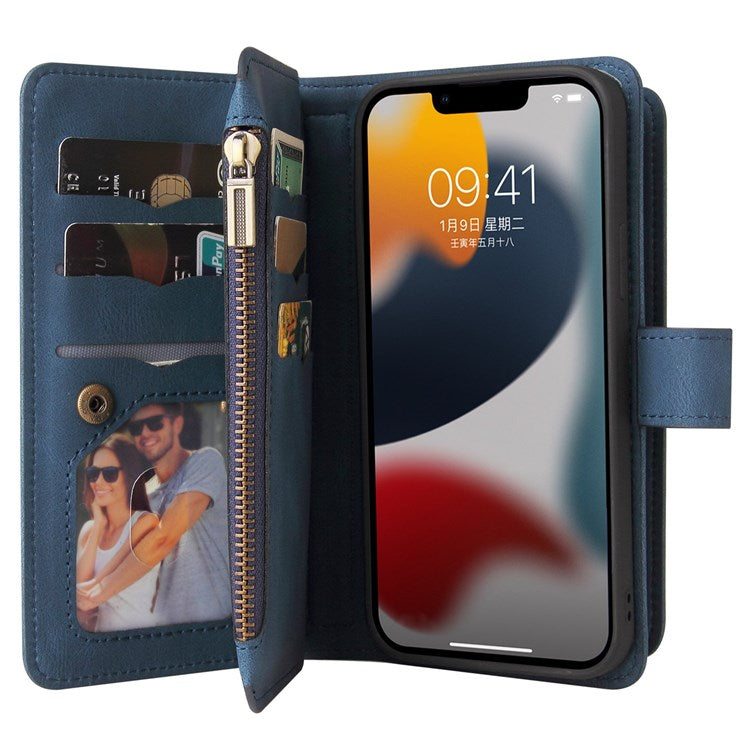 For iPhone 14 6.1 inch KT Multi-Functional Series-2 Multiple Card Slots Stand Phone Case Skin-touch PU Leather Cover with Zipper Pocket Wallet - Blue