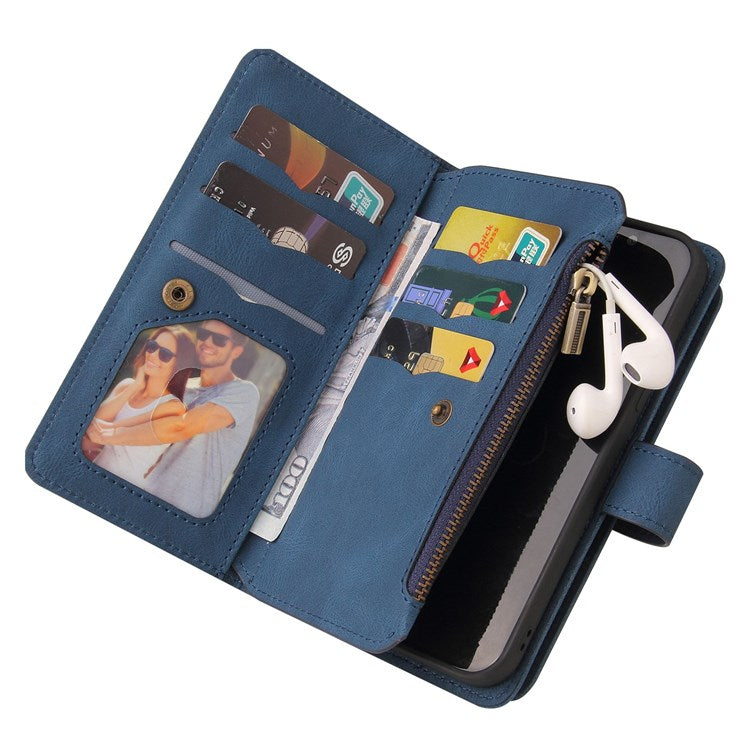 For iPhone 14 6.1 inch KT Multi-Functional Series-2 Multiple Card Slots Stand Phone Case Skin-touch PU Leather Cover with Zipper Pocket Wallet - Blue