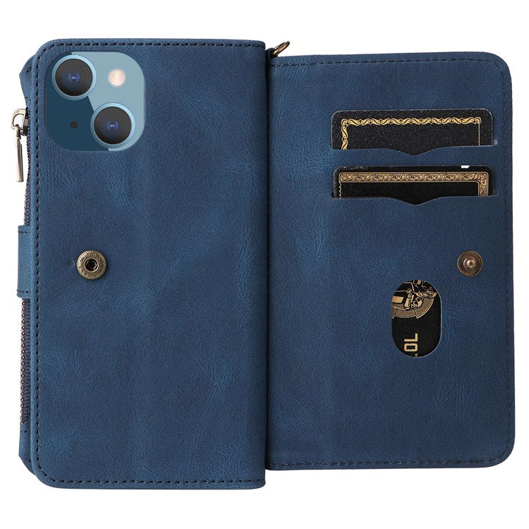 For iPhone 14 6.1 inch KT Multi-Functional Series-2 Multiple Card Slots Stand Phone Case Skin-touch PU Leather Cover with Zipper Pocket Wallet - Blue
